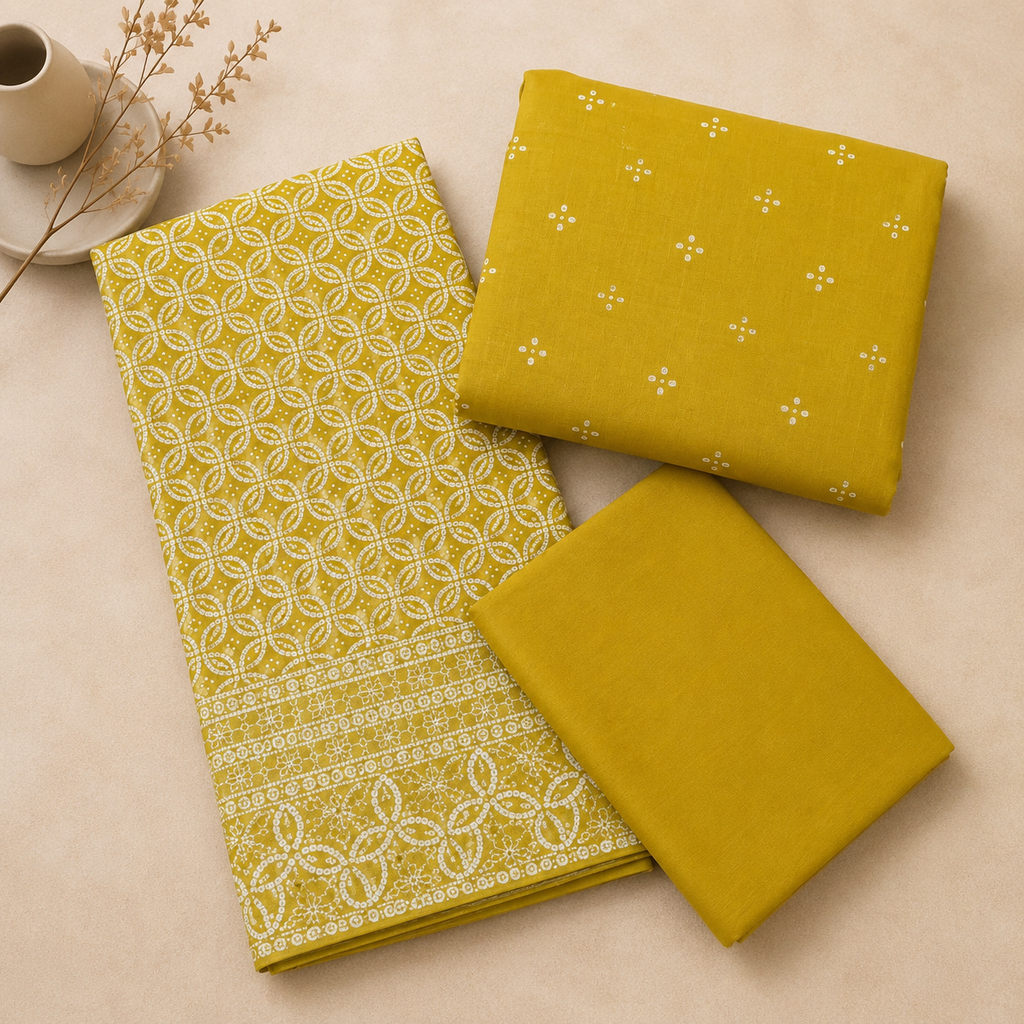 Mustard Yellow Bandhani Print Unstitched Cotton Fabric Set