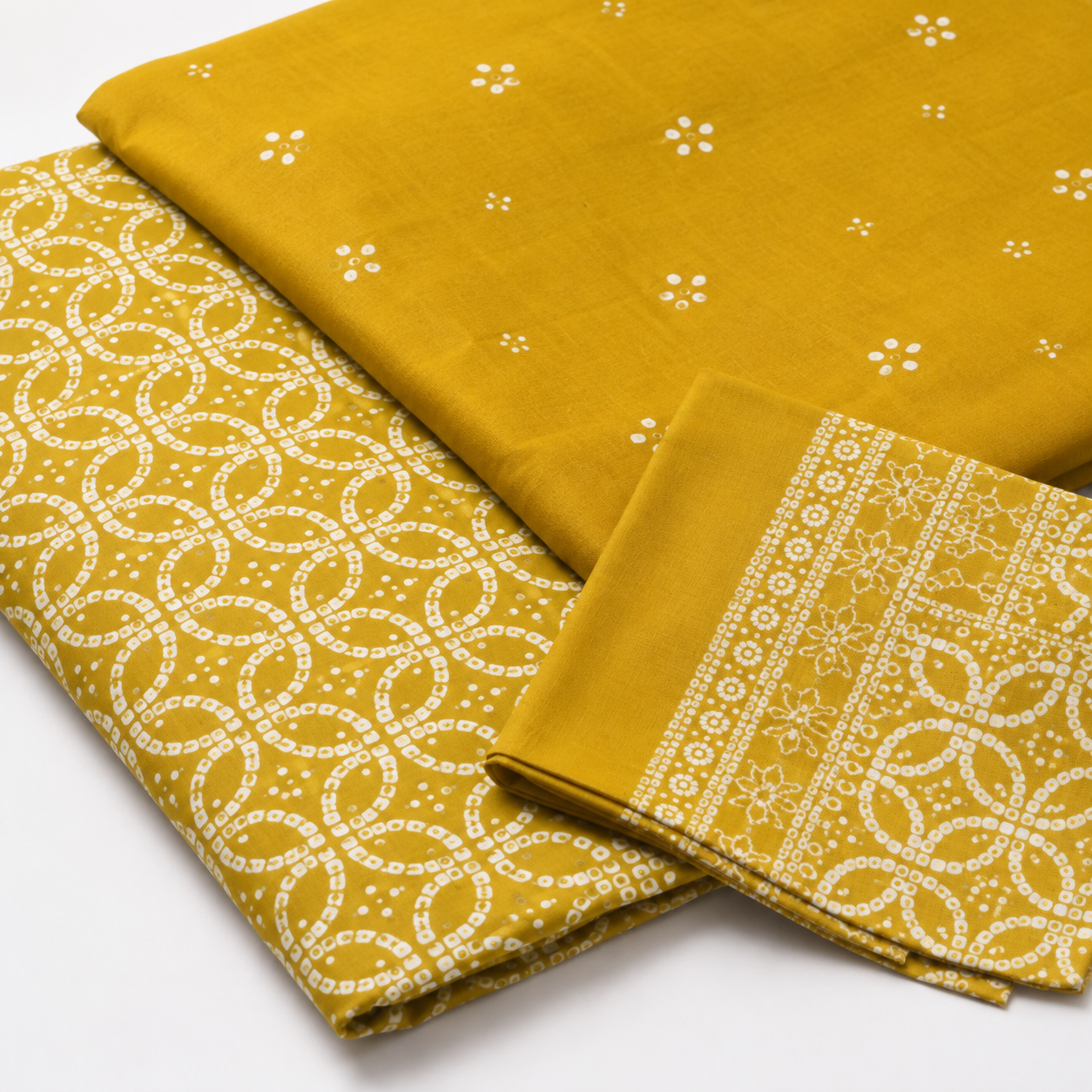 Mustard Yellow Bandhani Print Unstitched Cotton Fabric Set