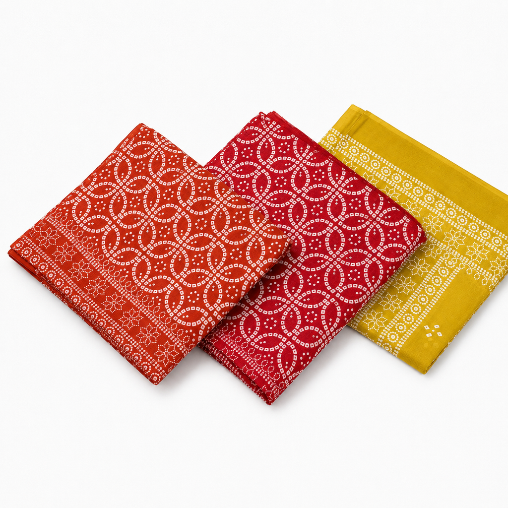 Vibrant Bandhani Print Unstitched Fabric Set in Warm Tones