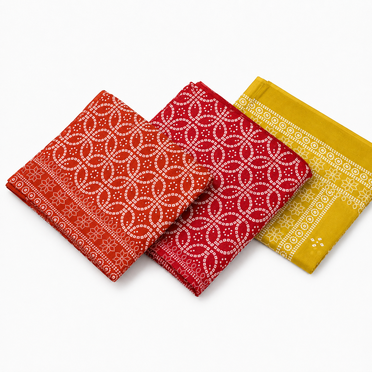 Vibrant Bandhani Print Unstitched Fabric Set in Warm Tones