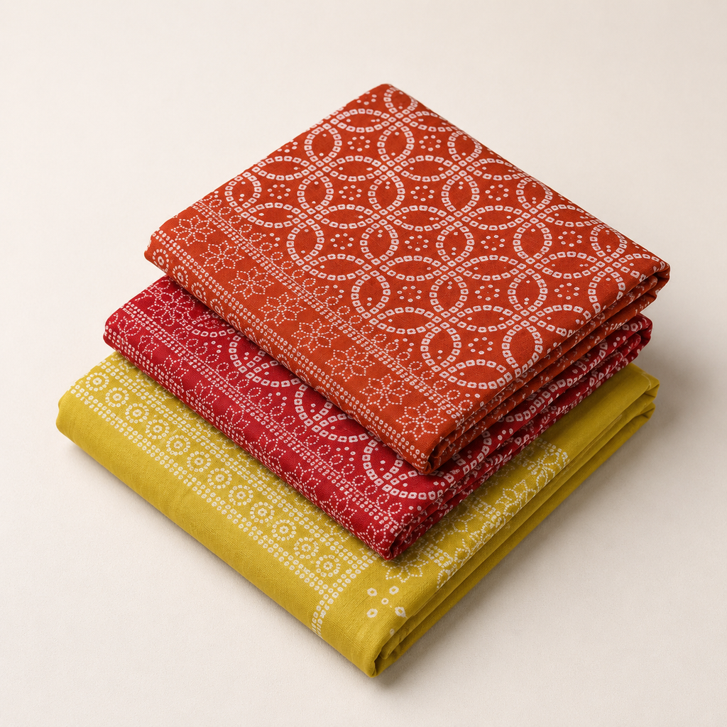 Vibrant Bandhani Print Unstitched Fabric Set in Warm Tones