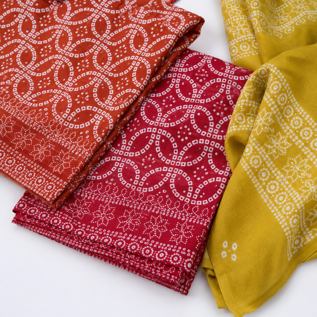 Vibrant Bandhani Print Unstitched Fabric Set in Warm Tones