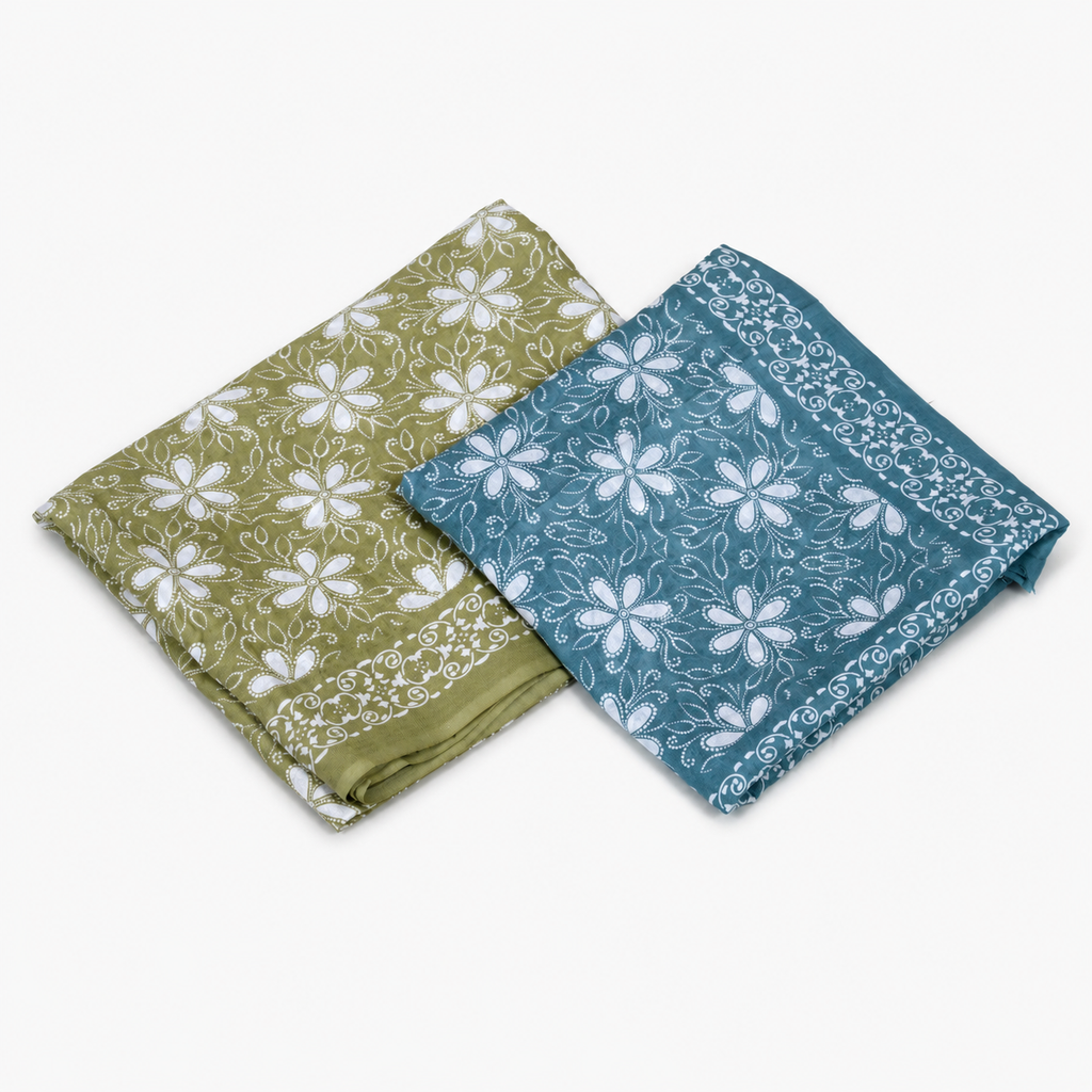 Refreshing Olive Green &amp; Teal Floral Block Print Unstitched Fabric