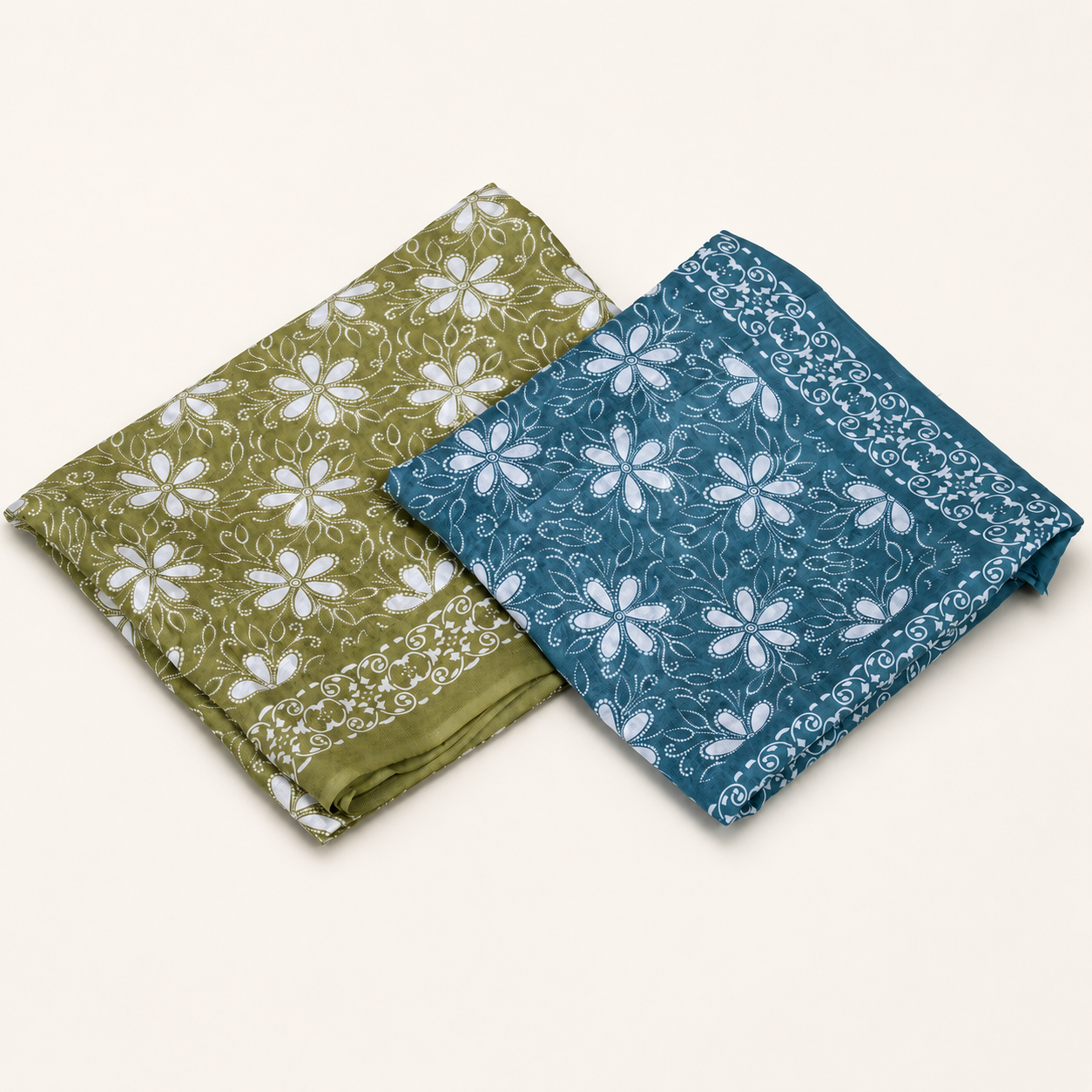 Refreshing Olive Green &amp; Teal Floral Block Print Unstitched Fabric