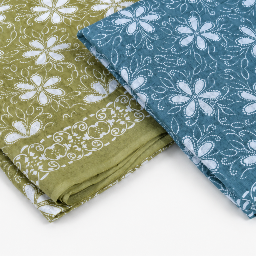 Refreshing Olive Green &amp; Teal Floral Block Print Unstitched Fabric