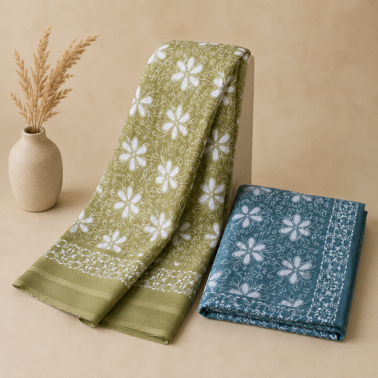 Refreshing Olive Green &amp; Teal Floral Block Print Unstitched Fabric