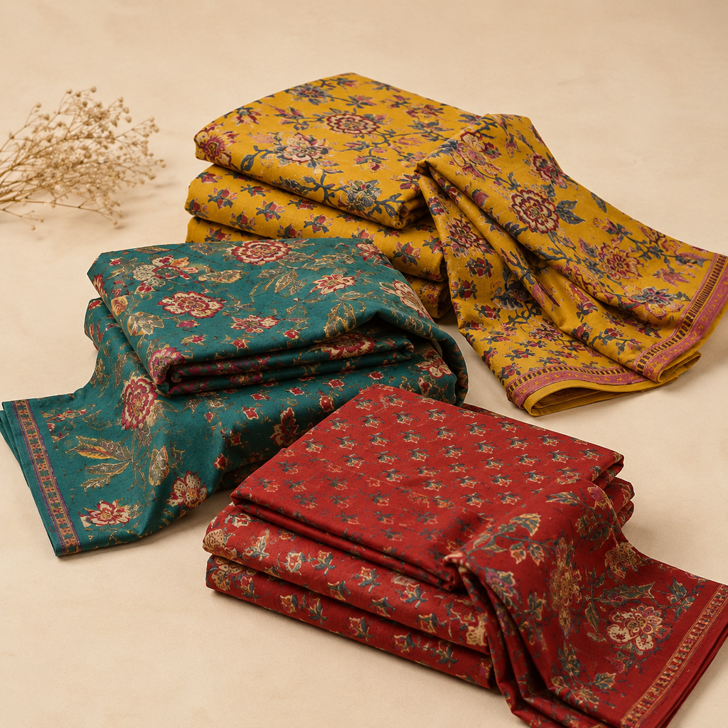 Multicolor Traditional Floral Block Print Unstitched Fabric Collection