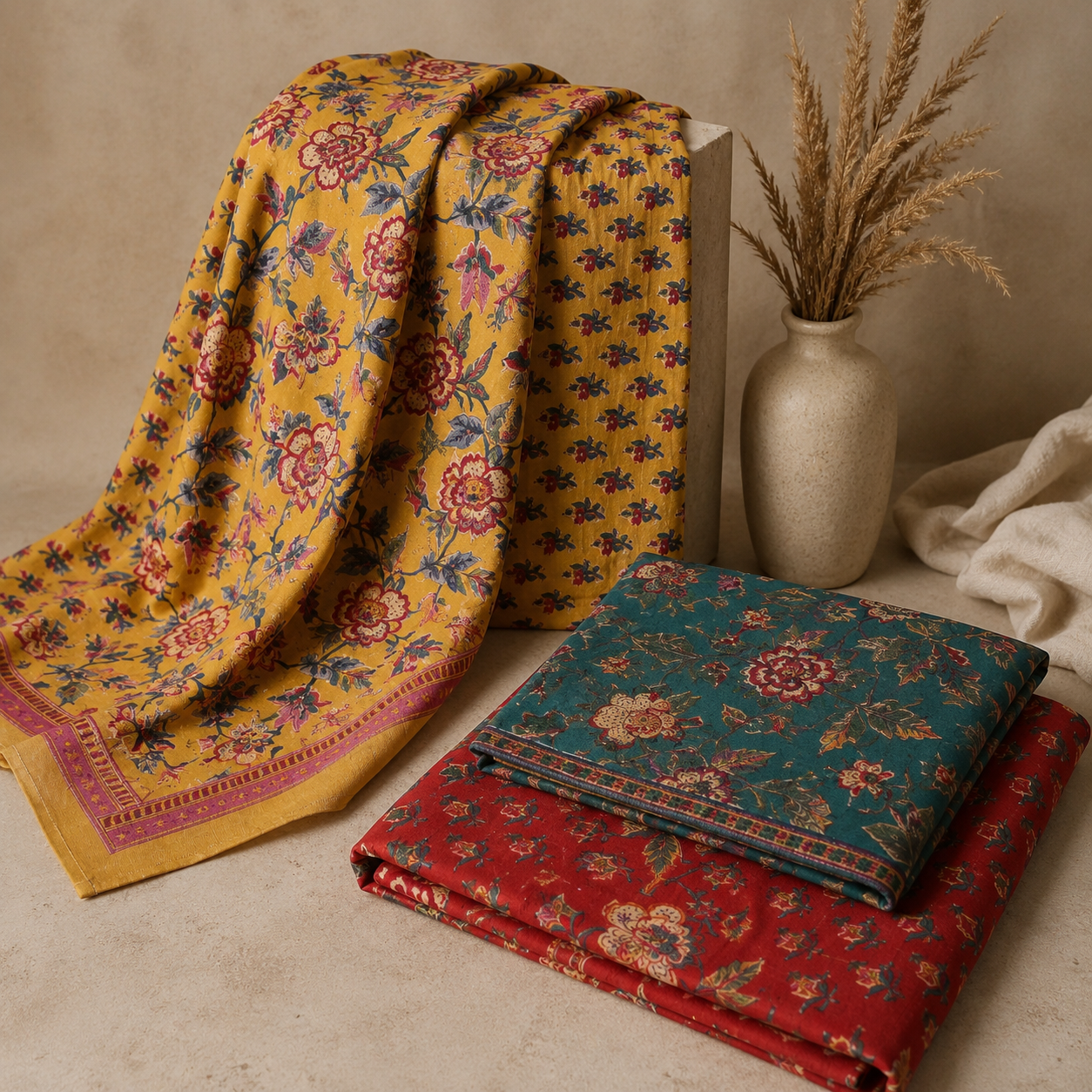 Multicolor Traditional Floral Block Print Unstitched Fabric Collection