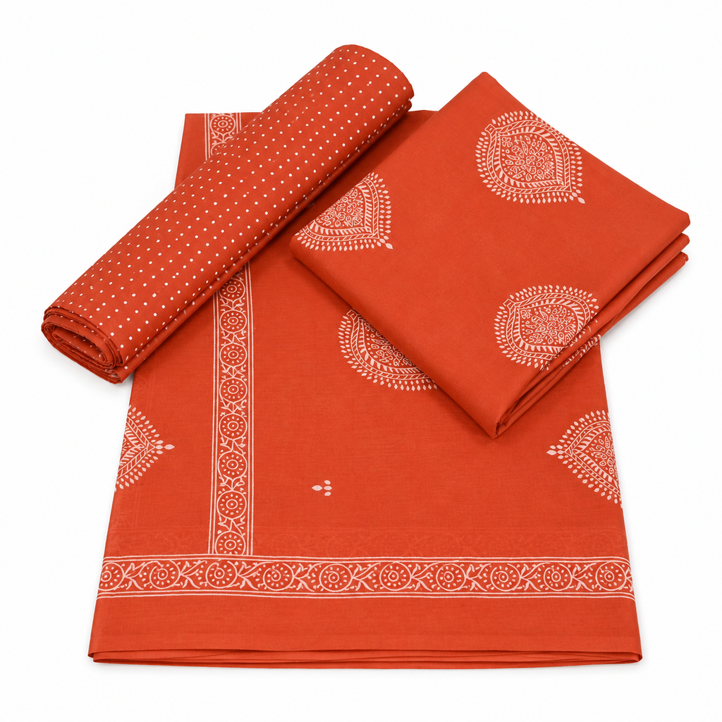 Rust Orange Traditional Block Print Unstitched Fabric Set