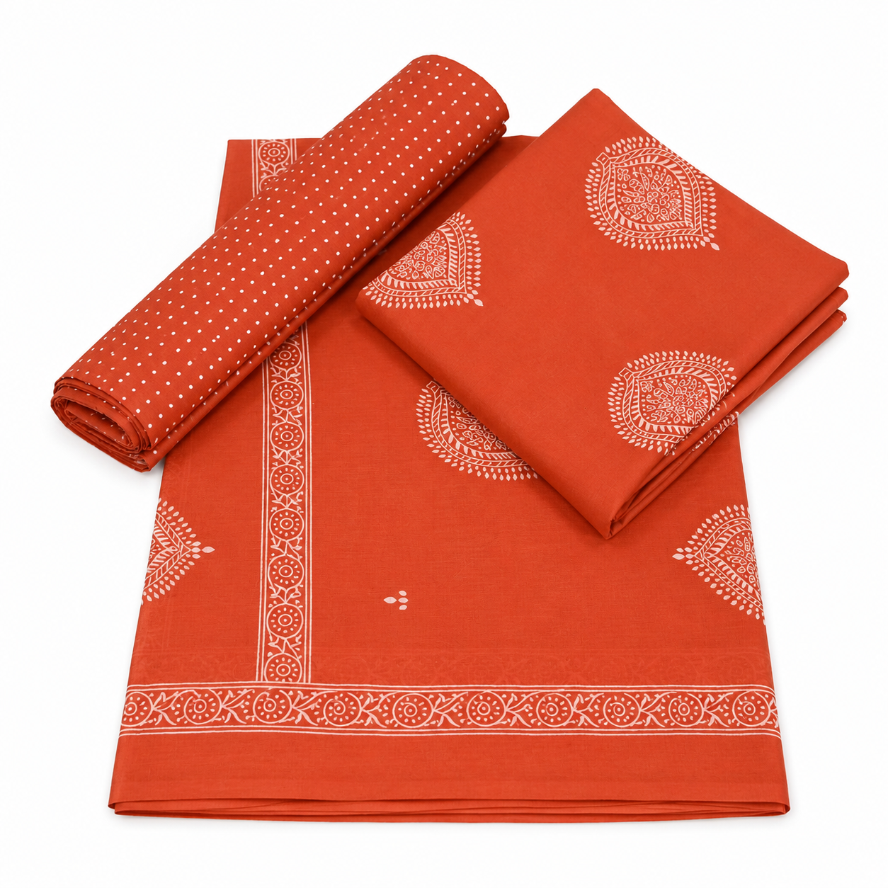 Rust Orange Traditional Block Print Unstitched Fabric Set