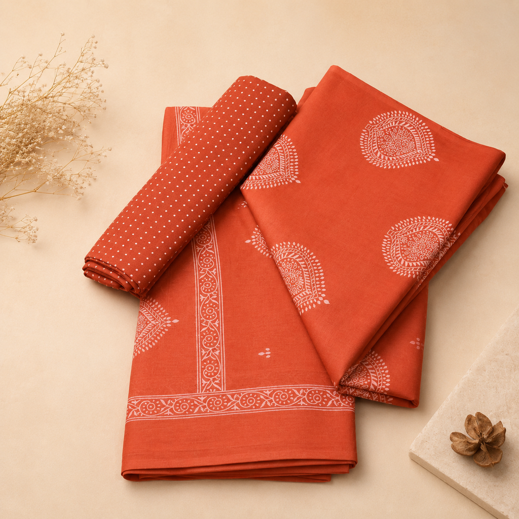 Rust Orange Traditional Block Print Unstitched Fabric Set