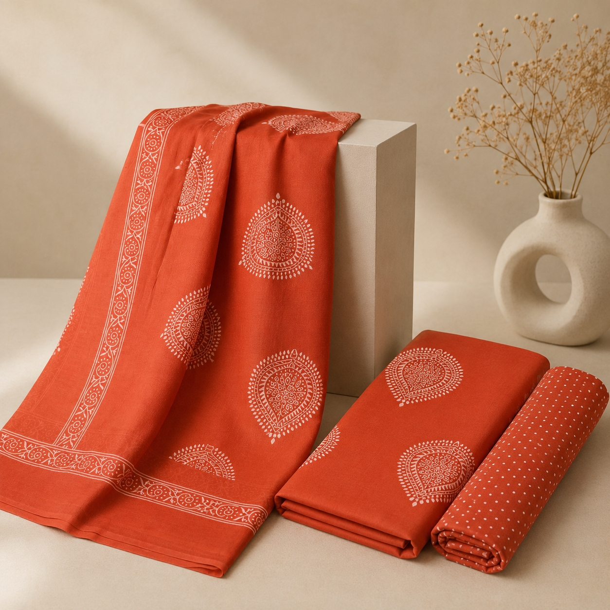 Rust Orange Traditional Block Print Unstitched Fabric Set