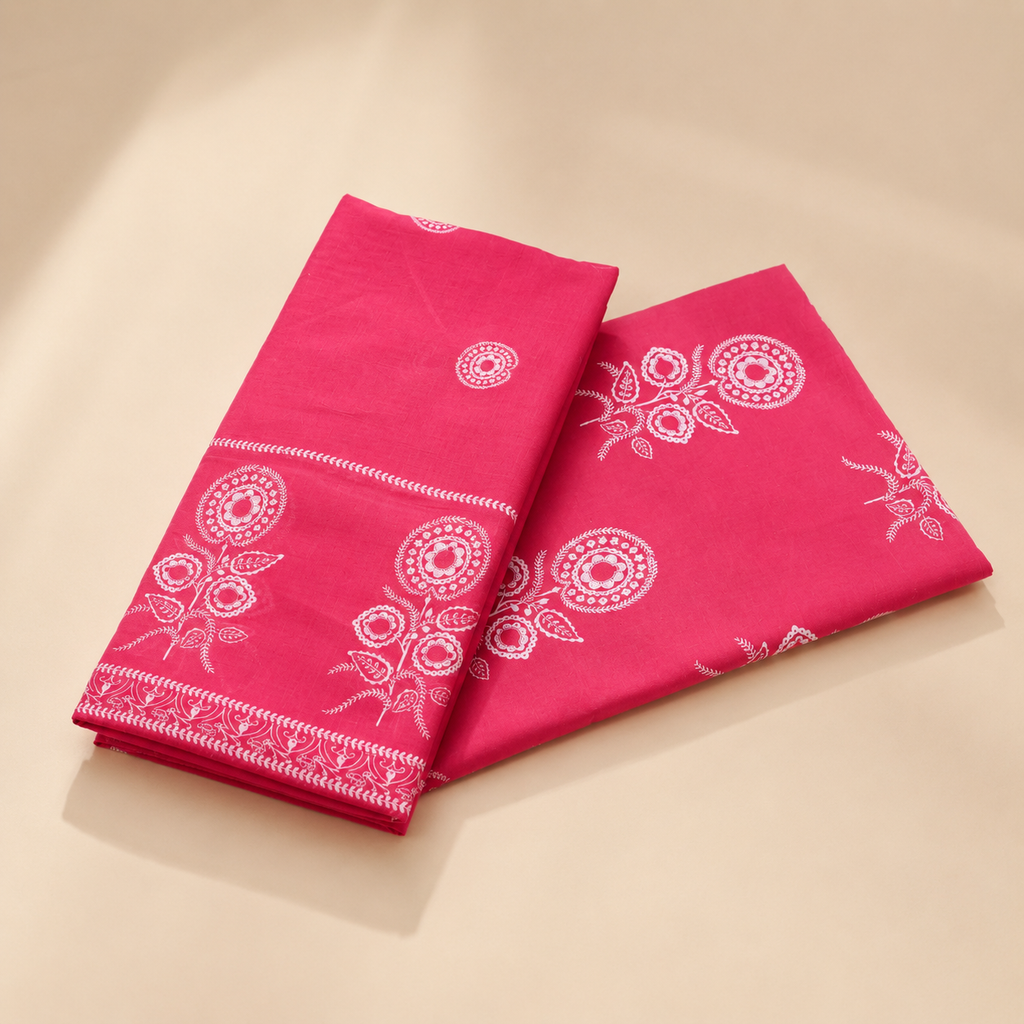 Vibrant Fuchsia Pink Floral Block Print Unstitched Fabric