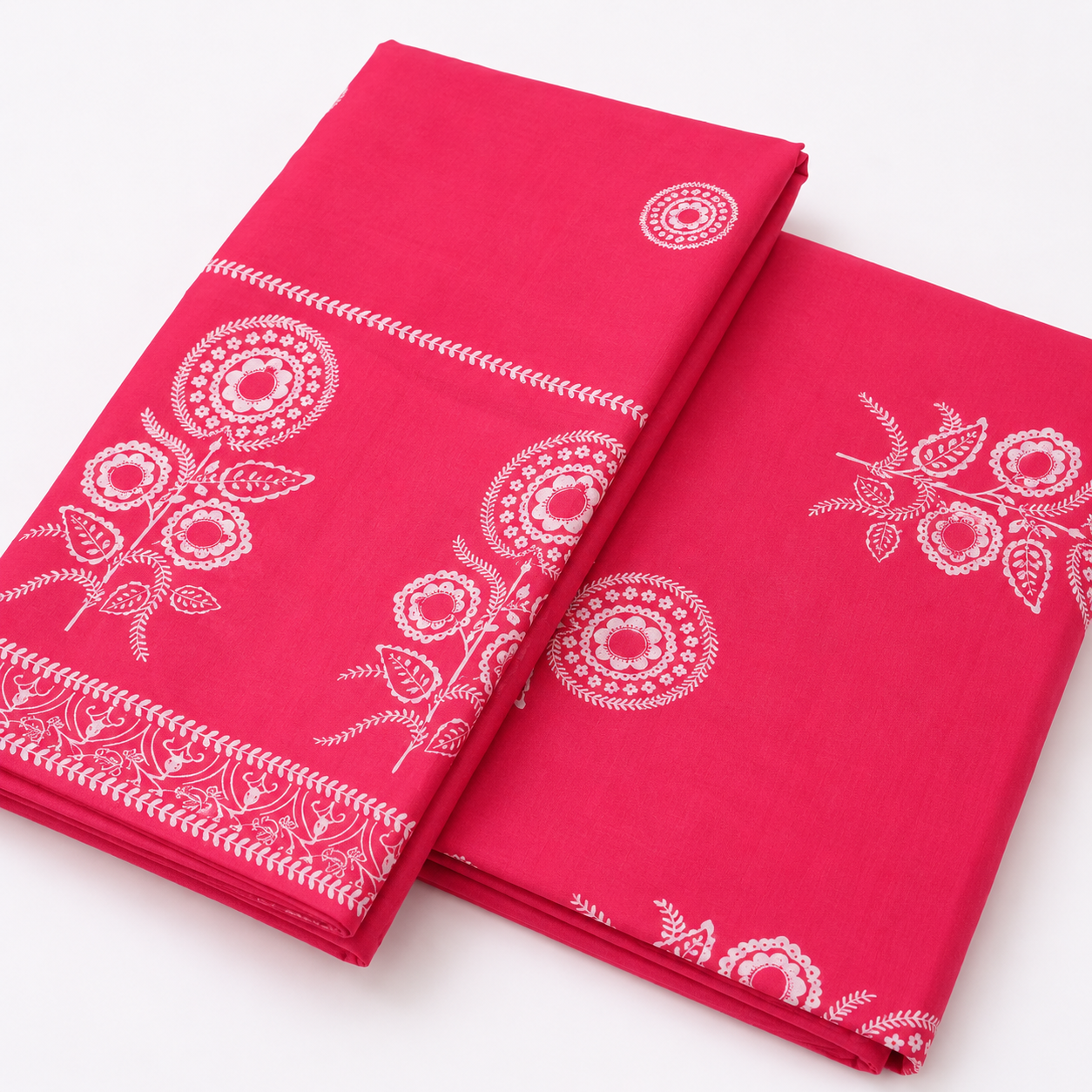 Vibrant Fuchsia Pink Floral Block Print Unstitched Fabric