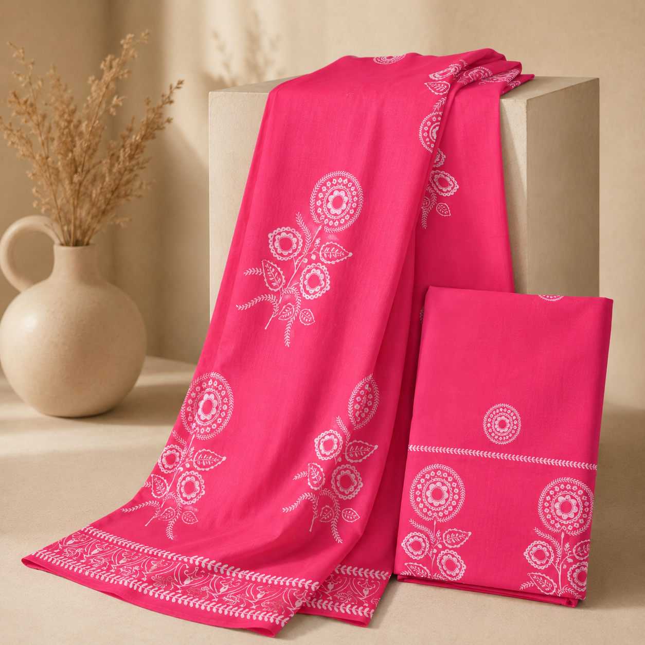 Vibrant Fuchsia Pink Floral Block Print Unstitched Fabric