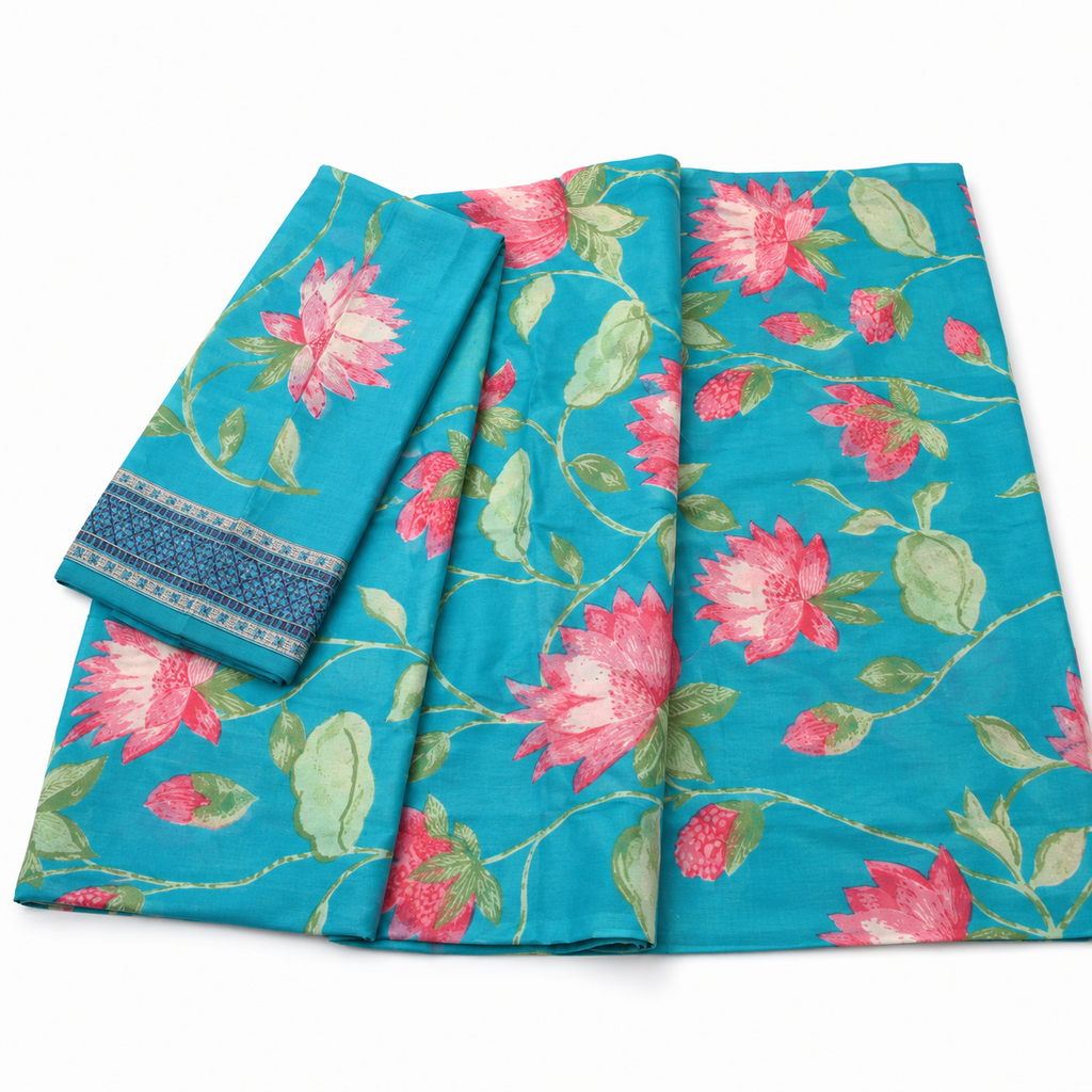 Vibrant Turquoise Botanical Floral Print Unstitched Fabric
