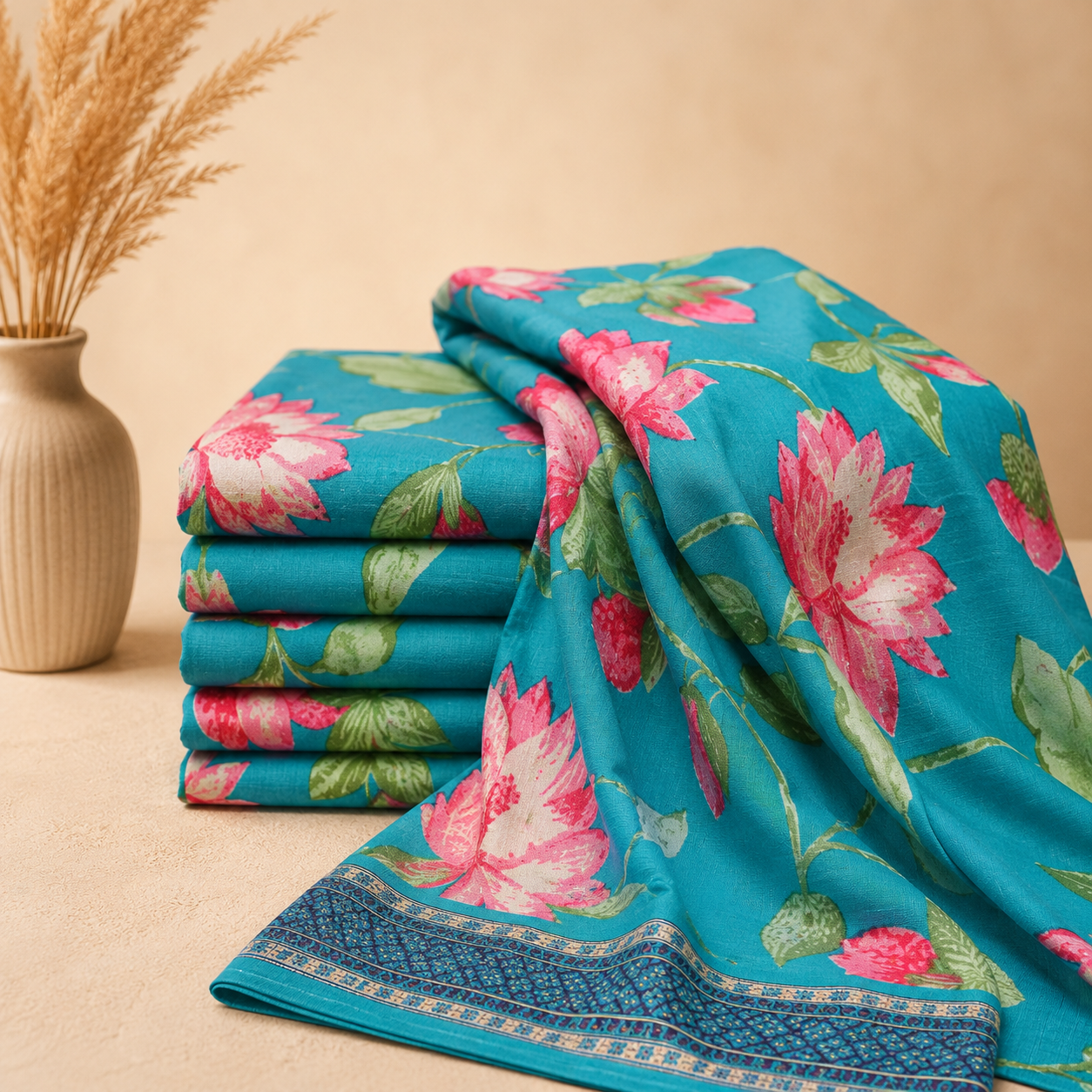 Vibrant Turquoise Botanical Floral Print Unstitched Fabric