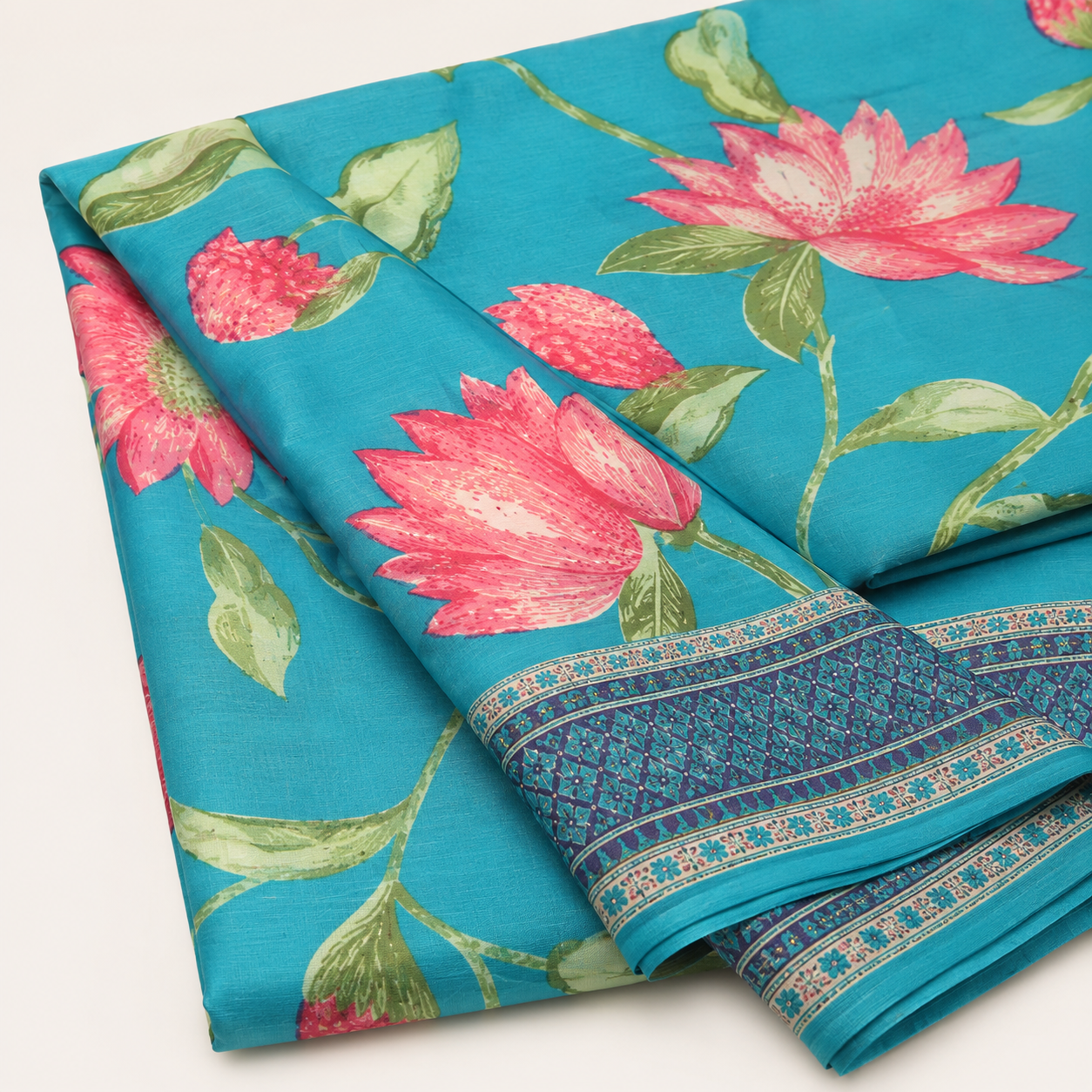 Vibrant Turquoise Botanical Floral Print Unstitched Fabric
