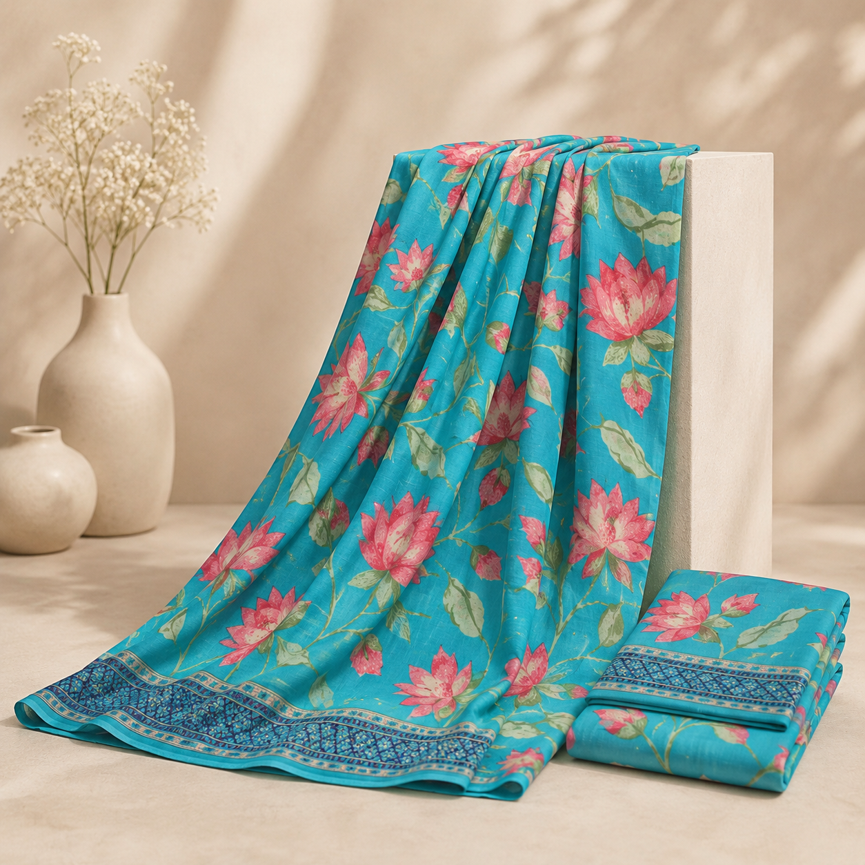 Vibrant Turquoise Botanical Floral Print Unstitched Fabric