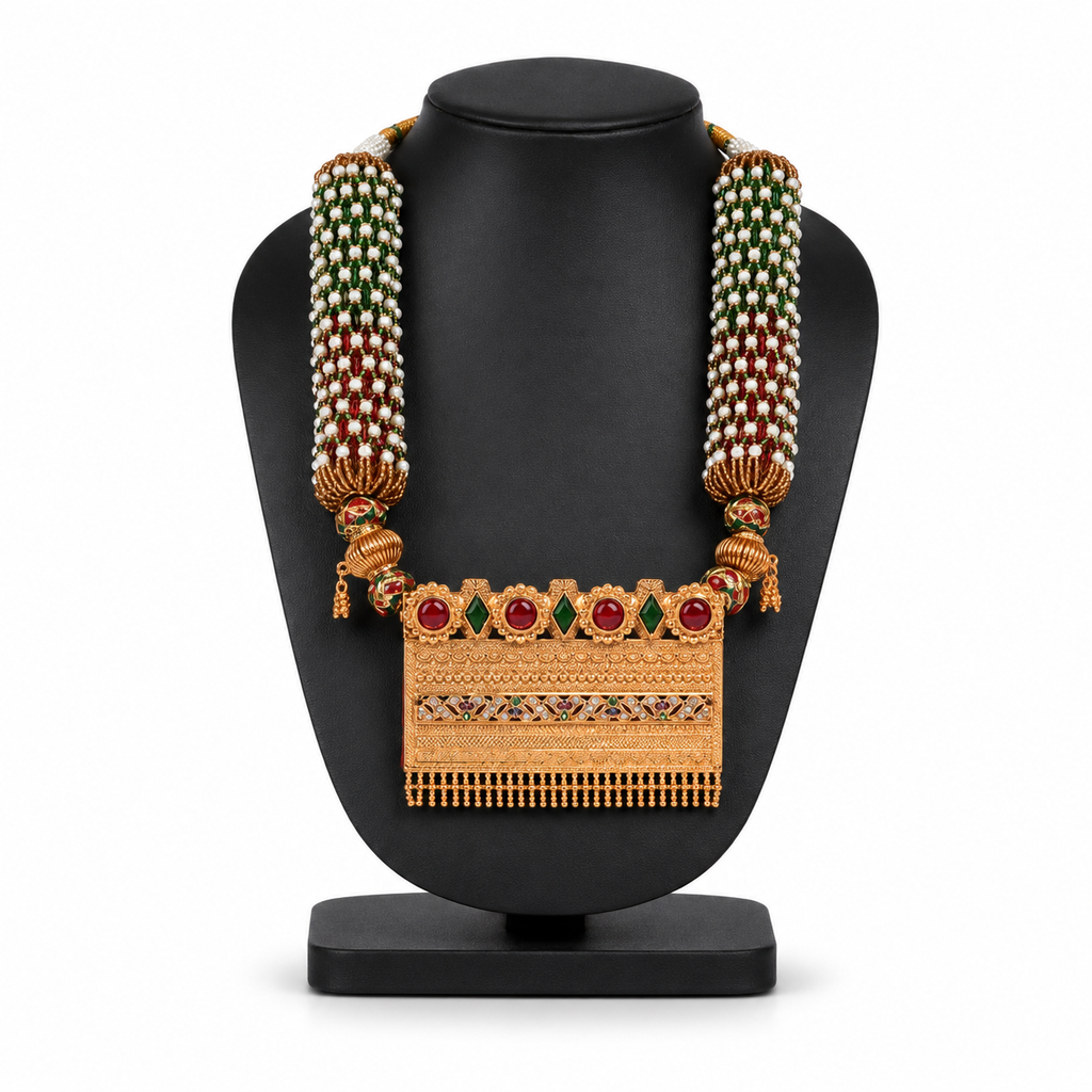 Traditional Tri-Color Beaded Rajputi Aad Style Statement Necklace