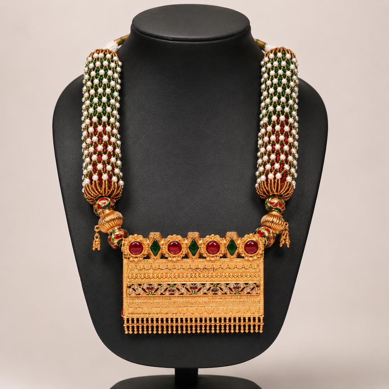 Traditional Tri-Color Beaded Rajputi Aad Style Statement Necklace