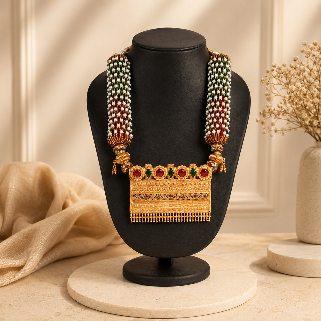 Traditional Tri-Color Beaded Rajputi Aad Style Statement Necklace