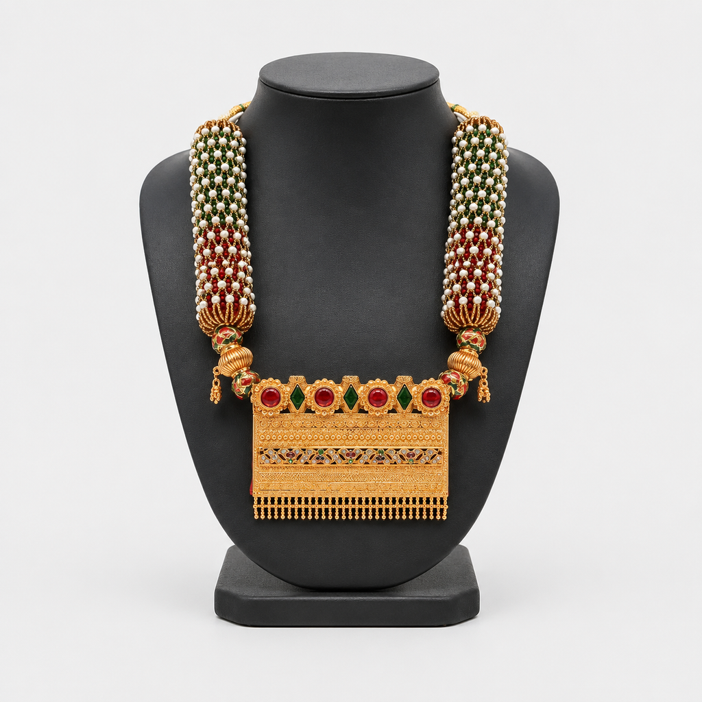 Traditional Tri-Color Beaded Rajputi Aad Style Statement Necklace