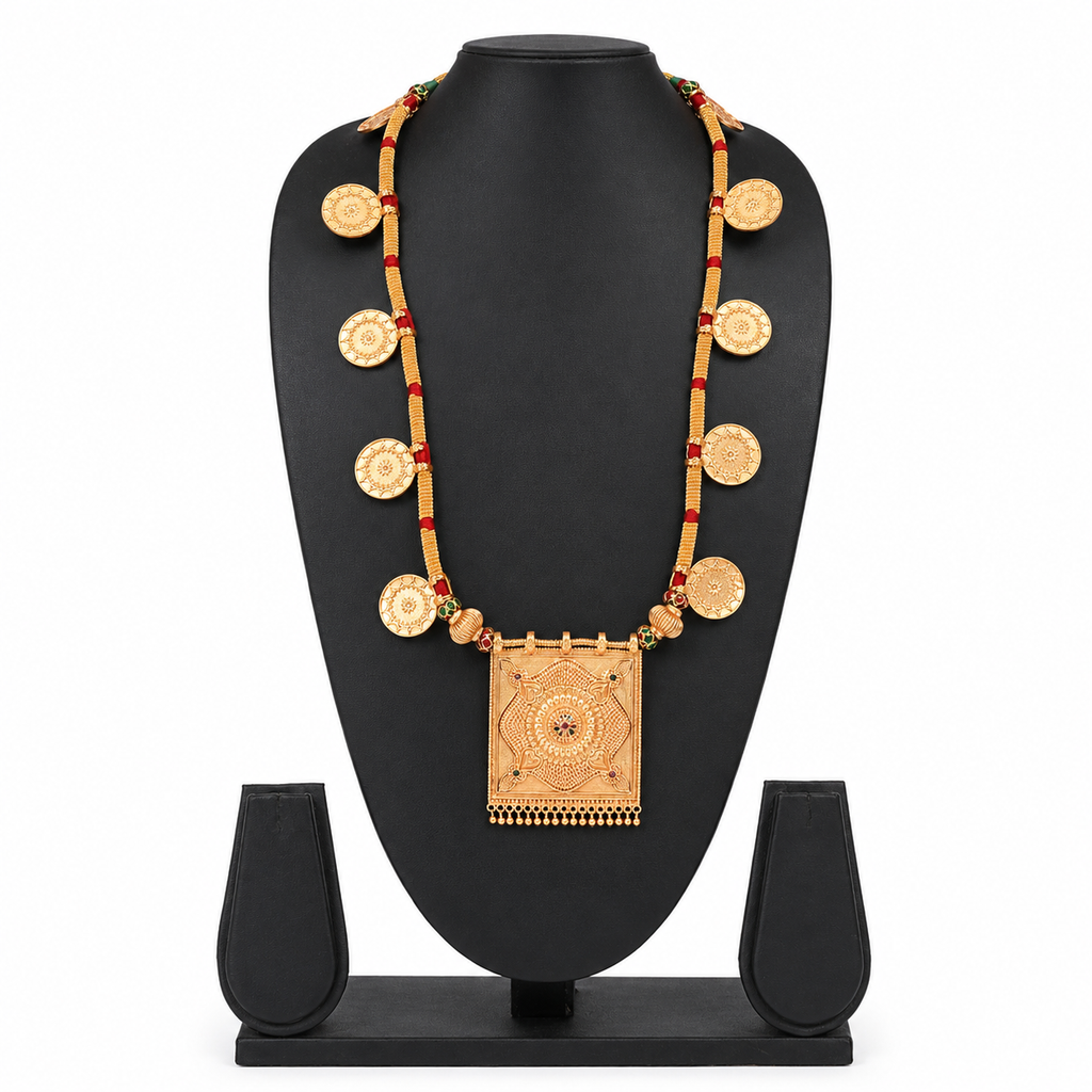 Regal Gold-Toned Coin Necklace with Intricate Square Statement Pendant