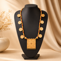Regal Gold-Toned Coin Necklace with Intricate Square Statement Pendant
