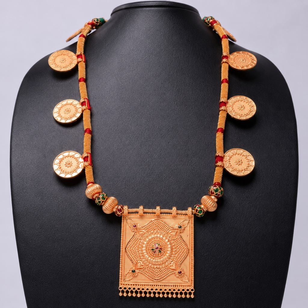 Regal Gold-Toned Coin Necklace with Intricate Square Statement Pendant