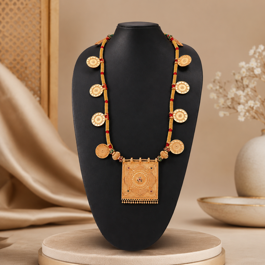 Regal Gold-Toned Coin Necklace with Intricate Square Statement Pendant