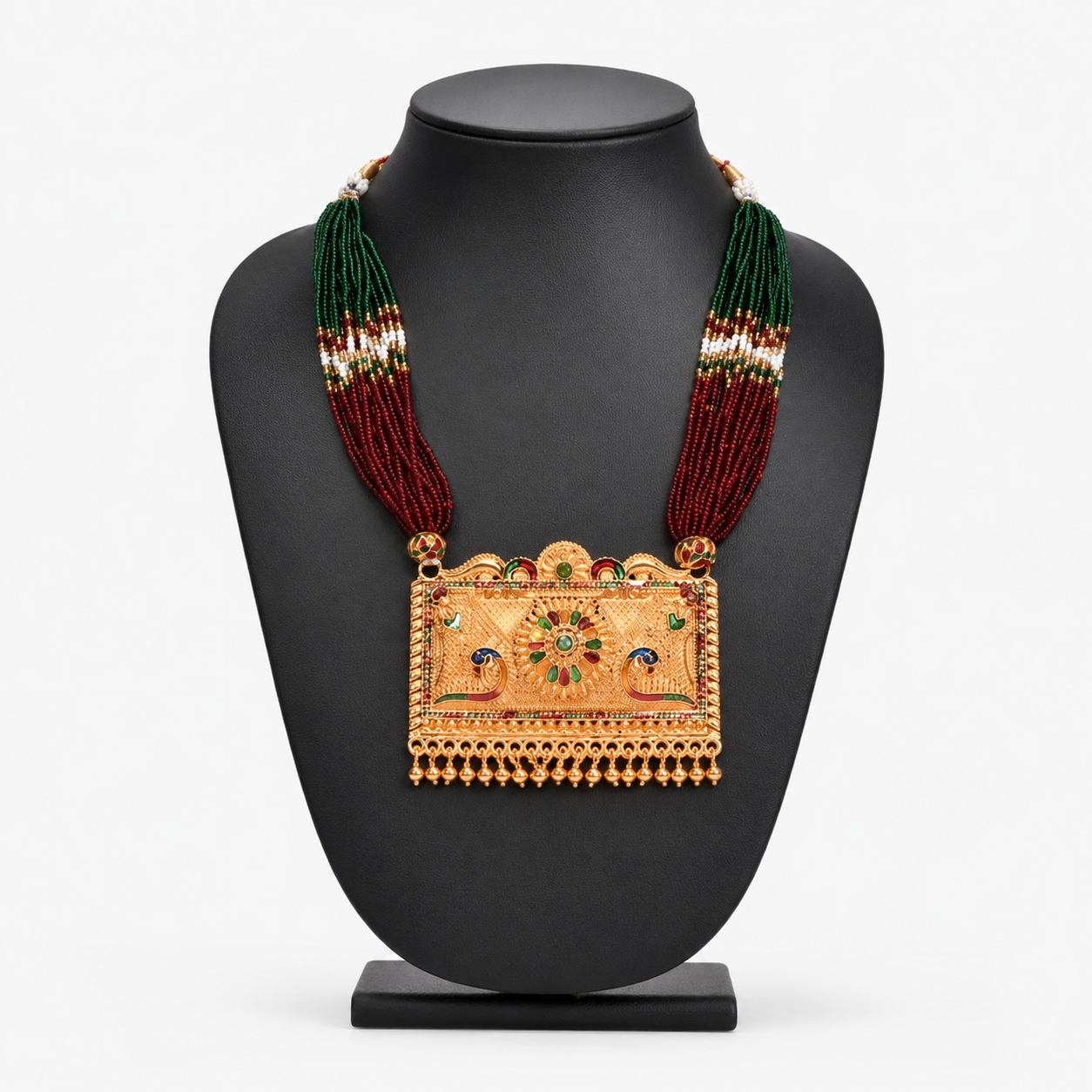 Exquisite Tri-Color Beaded Long Necklace with Meenakari Peacock Pendant