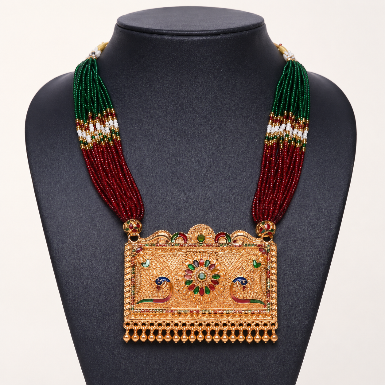 Exquisite Tri-Color Beaded Long Necklace with Meenakari Peacock Pendant