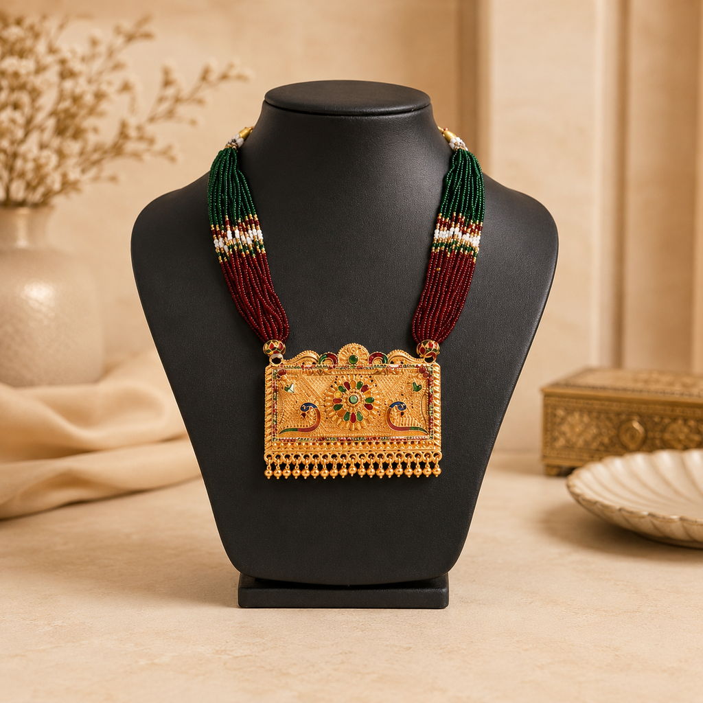 Exquisite Tri-Color Beaded Long Necklace with Meenakari Peacock Pendant