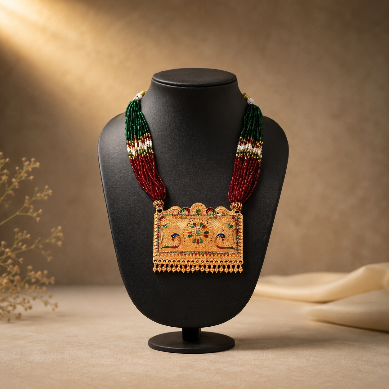 Exquisite Tri-Color Beaded Long Necklace with Meenakari Peacock Pendant