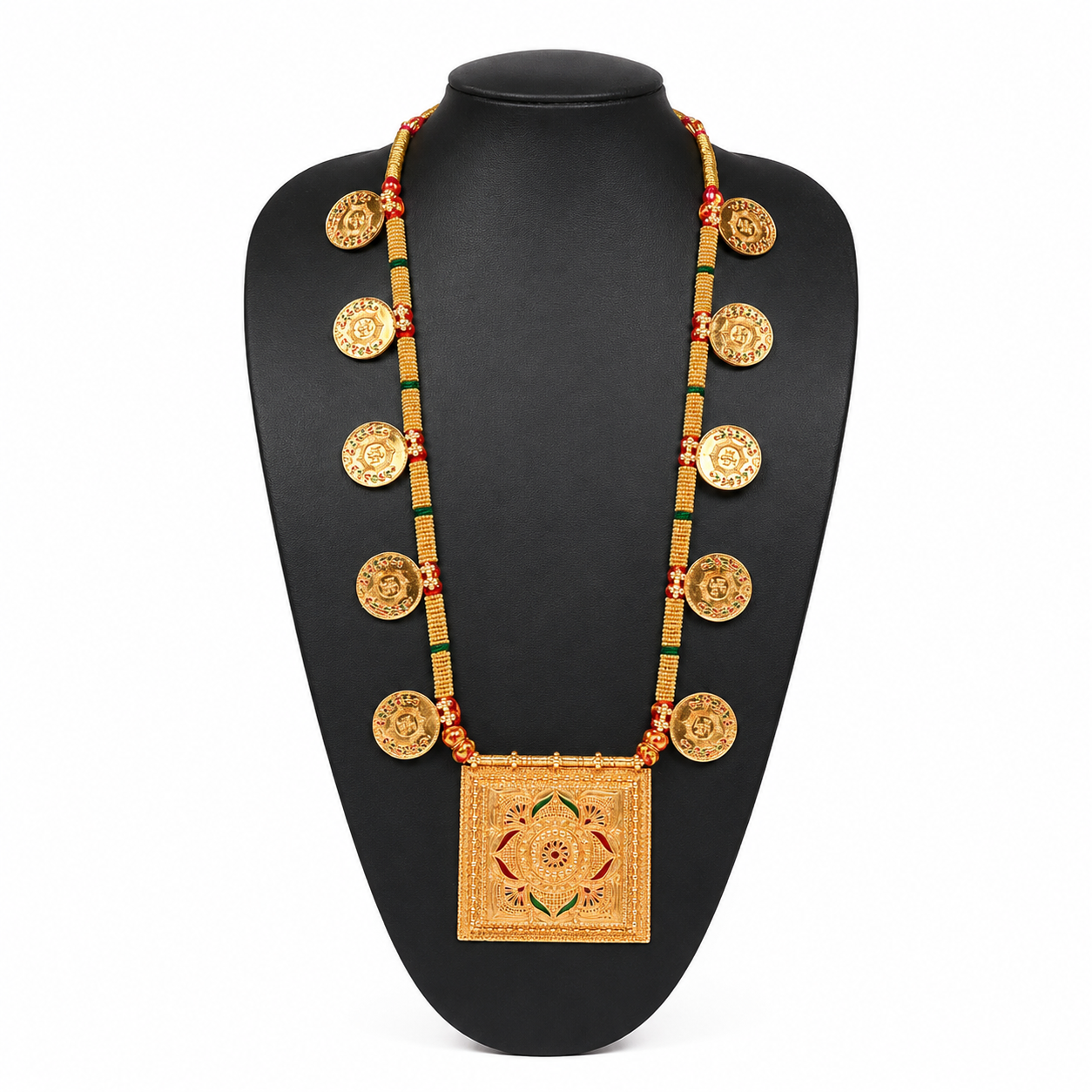 Traditional Gold-Toned Coin Necklace with Square Mandala Pendant