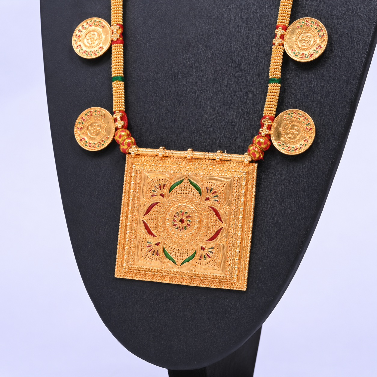 Traditional Gold-Toned Coin Necklace with Square Mandala Pendant