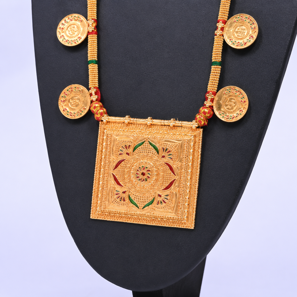 Traditional Gold-Toned Coin Necklace with Square Mandala Pendant