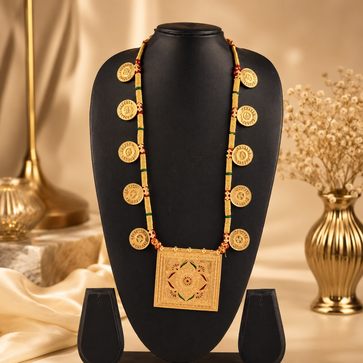 Traditional Gold-Toned Coin Necklace with Square Mandala Pendant
