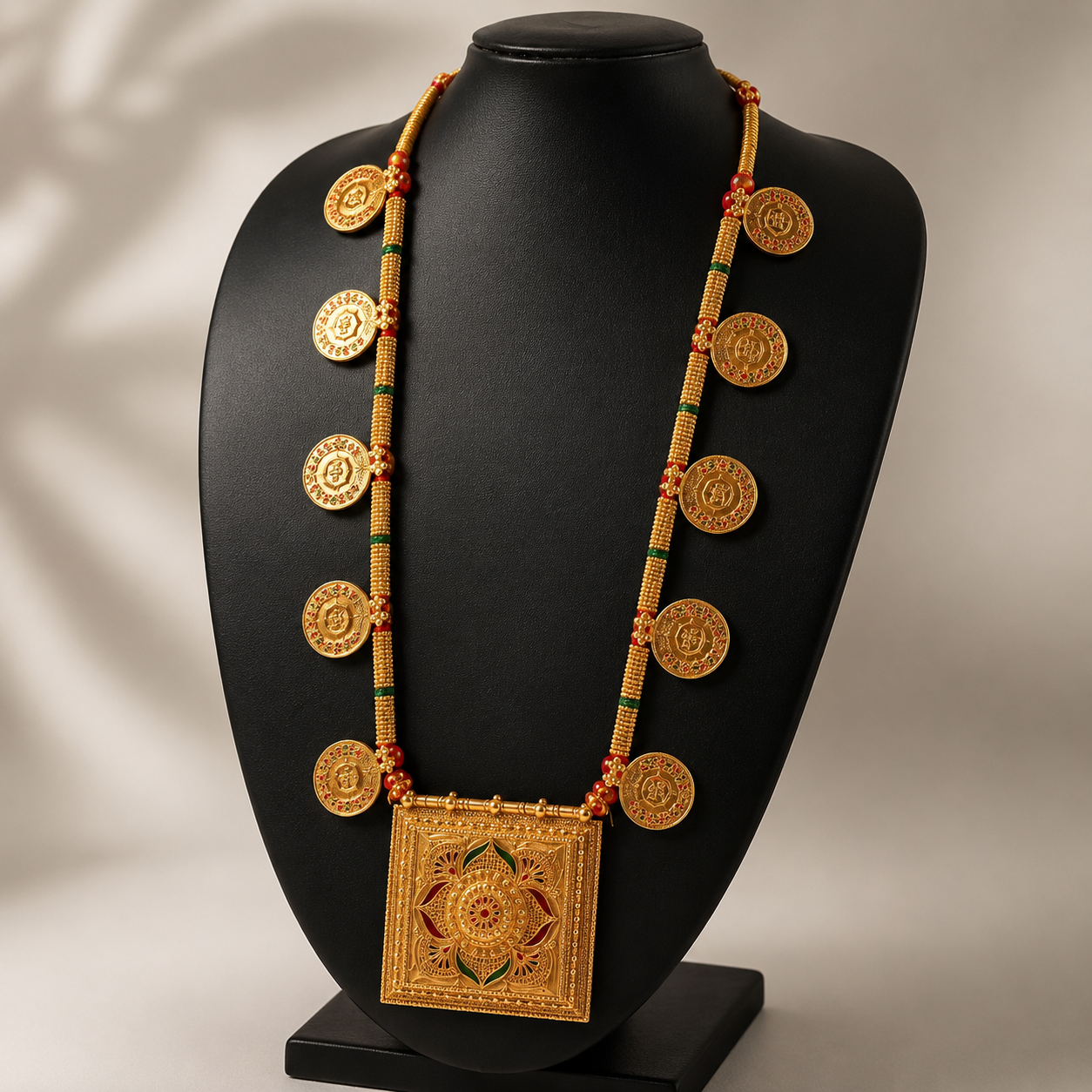 Traditional Gold-Toned Coin Necklace with Square Mandala Pendant