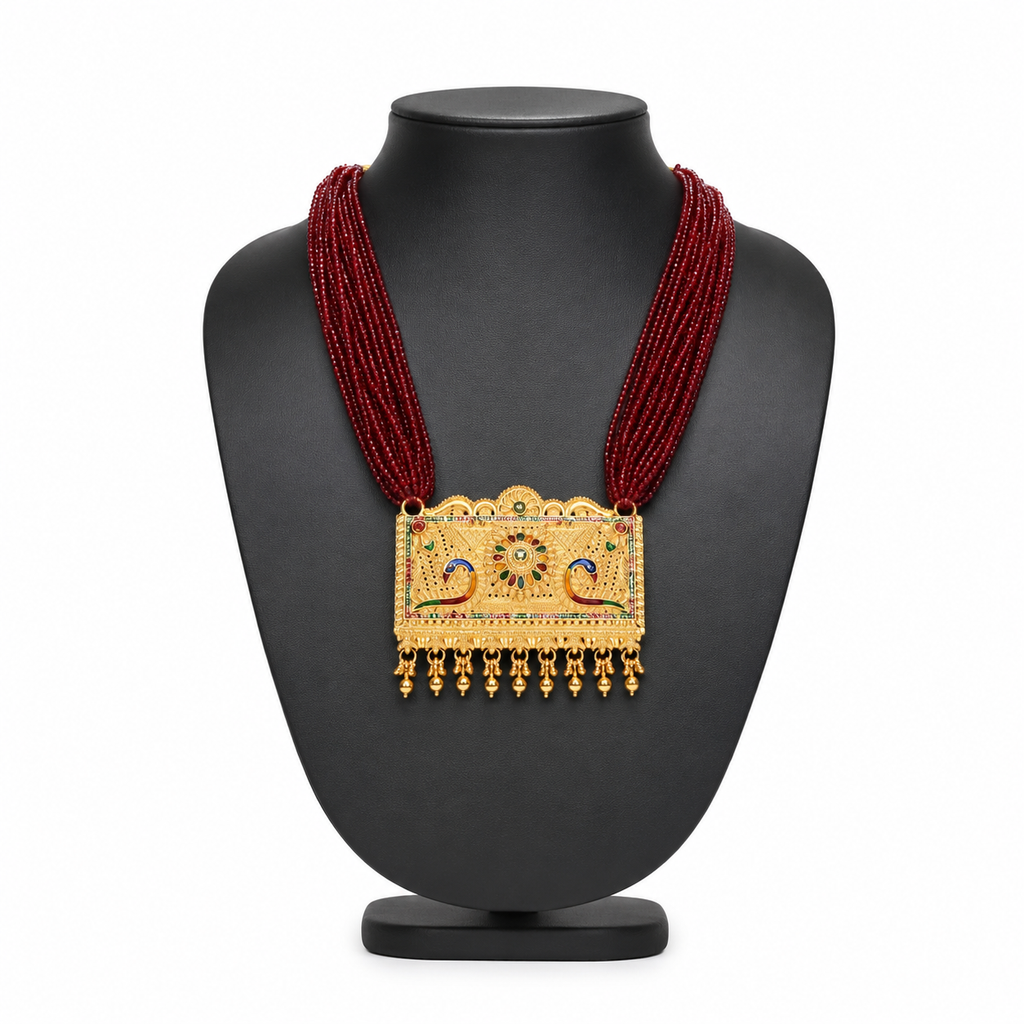 Exquisite Multi-Strand Red Beaded Long Necklace with Meenakari Peacock Pendant
