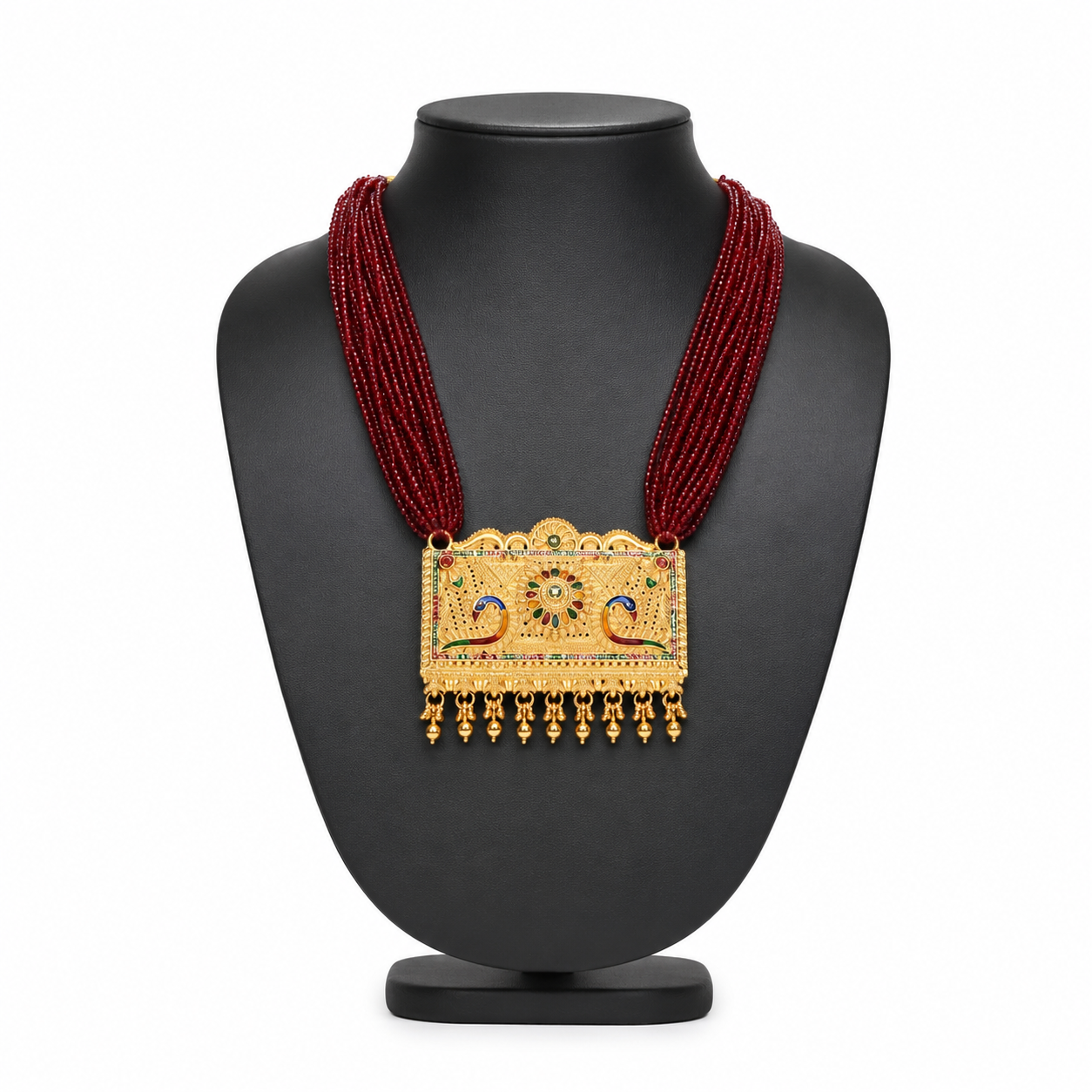 Exquisite Multi-Strand Red Beaded Long Necklace with Meenakari Peacock Pendant