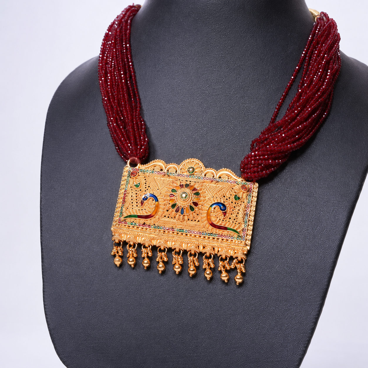 Exquisite Multi-Strand Red Beaded Long Necklace with Meenakari Peacock Pendant