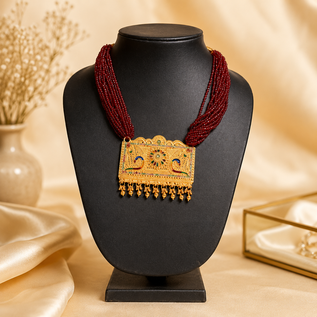 Exquisite Multi-Strand Red Beaded Long Necklace with Meenakari Peacock Pendant