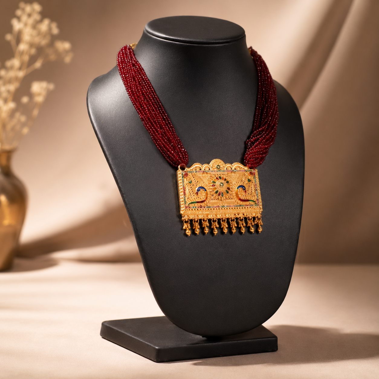 Exquisite Multi-Strand Red Beaded Long Necklace with Meenakari Peacock Pendant