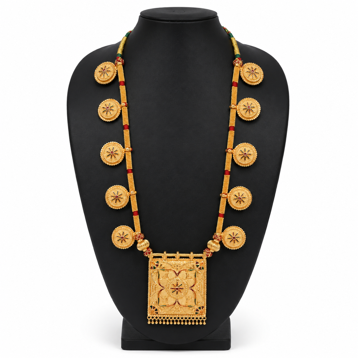 Traditional Gold-Toned Long Coin Necklace with Statement Pendant