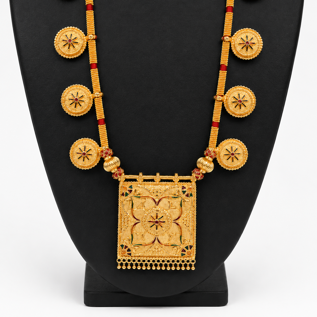 Traditional Gold-Toned Long Coin Necklace with Statement Pendant