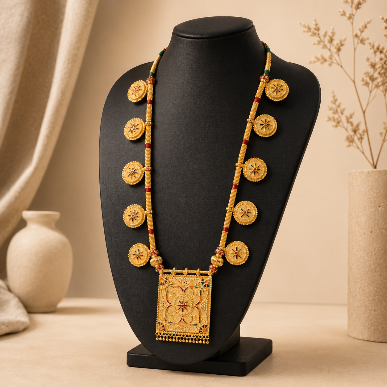 Traditional Gold-Toned Long Coin Necklace with Statement Pendant