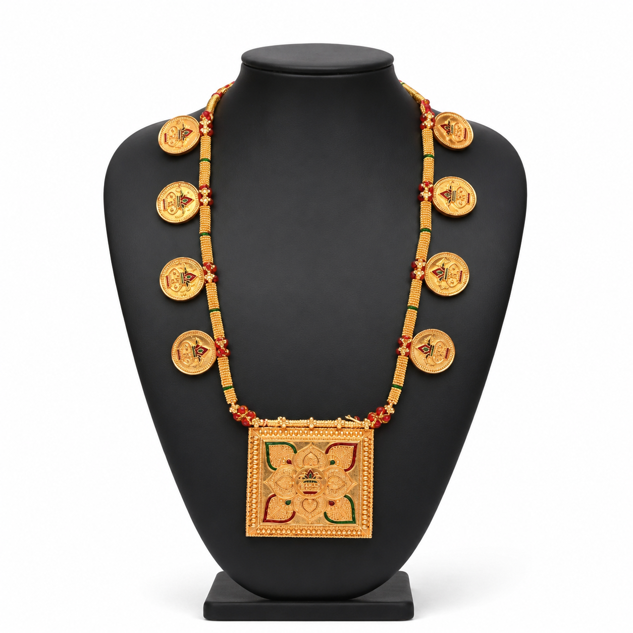 Traditional Gold-Toned Coin Necklace with Square Floral Mandala Pendant