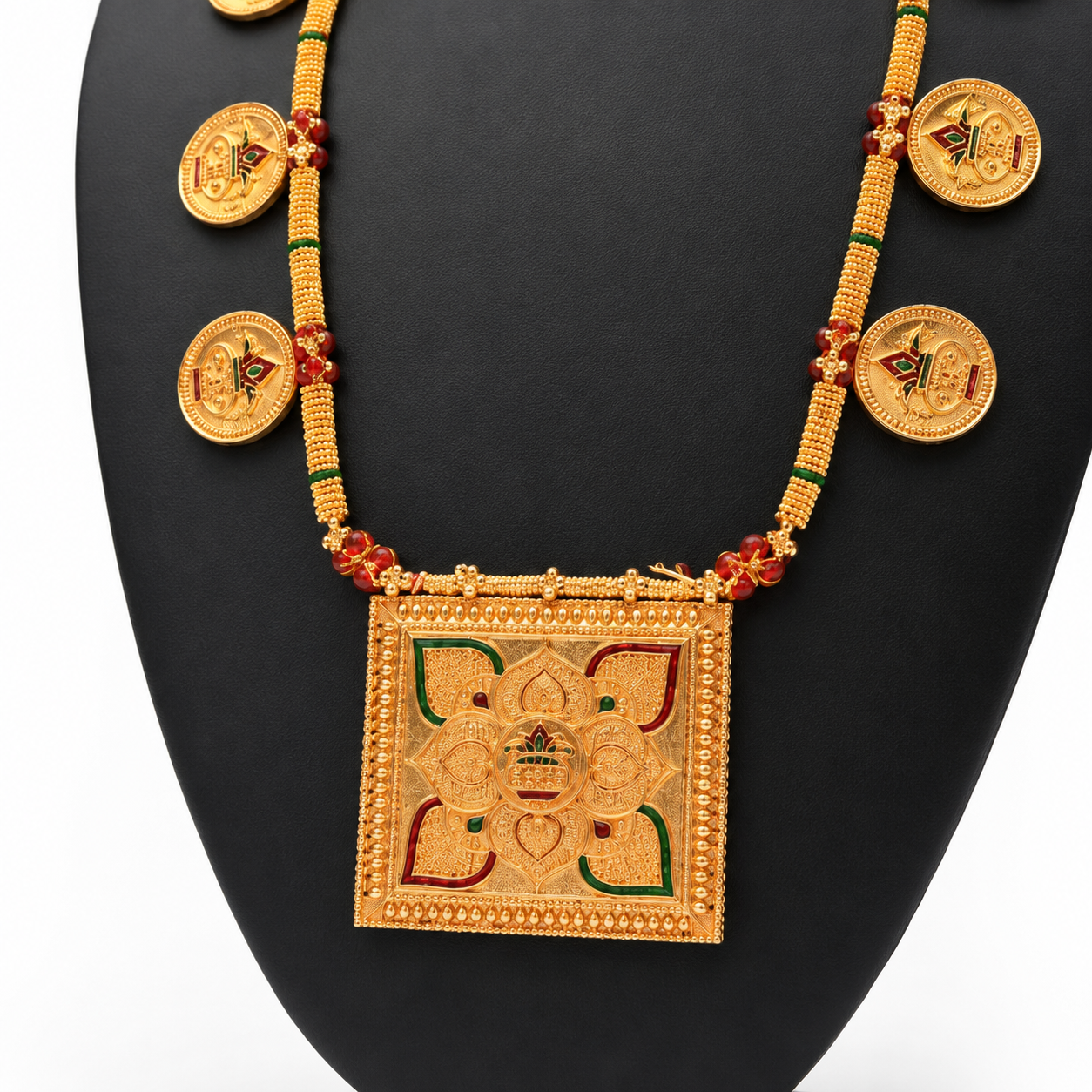 Traditional Gold-Toned Coin Necklace with Square Floral Mandala Pendant